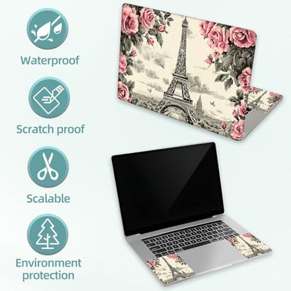 Universal Laptop Skin Decal, 3-Piece Vinyl Protector for 12 13 14 15.6" Notebook, Waterproof Anti-Scratch, Easy Trim & Bubble-Free Finish, Eiffel Tower Surrounded by Pink Rose - color: Eiffel Tower Surrounded by Pink Rose