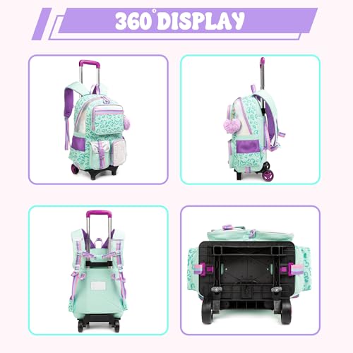 Meetbelify Backpack with Wheels for Girls Rolling Backpack Cute Carry on Backpack for Elementary Student - color: Love Green
