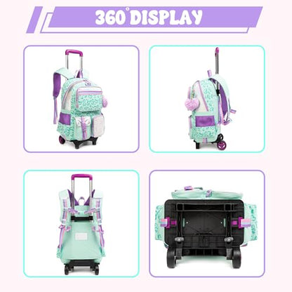 Meetbelify Backpack with Wheels for Girls Rolling Backpack Cute Carry on Backpack for Elementary Student - color: Love Green