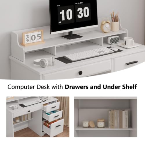4 EVER WINNER White Desk with Drawers, 44 Inch Small Computer Desk with File Drawer and Monitor Stand, Wood Desk with Storage Shelf for Small Spaces, Living Room, Bedroom, White - color: Pure White
