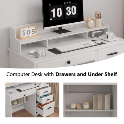 4 EVER WINNER White Desk with Drawers, 44 Inch Small Computer Desk with File Drawer and Monitor Stand, Wood Desk with Storage Shelf for Small Spaces, Living Room, Bedroom, White - color: Pure White