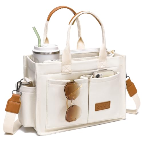 Canvas Tote Bag for Women,Women's Bags Crossbody Bags Work Laptop Tote Bag Large Handbags Purse for Travel Nurse Teacher - color: New Upgrade White With Compartments and Side Cup Holders