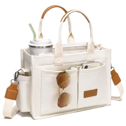 Canvas Tote Bag for Women,Women's Bags Crossbody Bags Work Laptop Tote Bag Large Handbags Purse for Travel Nurse Teacher - color: New Upgrade White With Compartments and Side Cup Holders