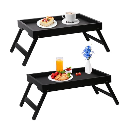 Bamboo Bed Tray Table with Foldable Legs, Breakfast in Bed Tray for Kitchen Serving Tray, Eating, Working, Drawing Tray (2 Pack, Black) - color: Black, size: Medium(Pack of 2)