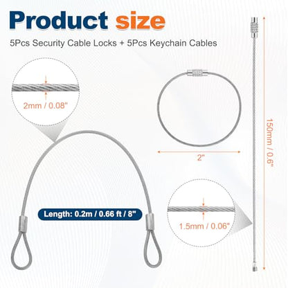 5 Set Double Loop Security Cable Lock (0.66 ft X0.08'') + Keychain Cable, Silver - color: Silver, size: 0.66 ft x 0.08 Inch