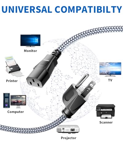 UL Certified Power Cord - 3 Pin AC Power Cable, 16.4FT / 5m, Nylon Braided, 10A 18AWG, Universal Power Cable for Computer, Monitor, Printer - size: 16.4 ft (5 m)