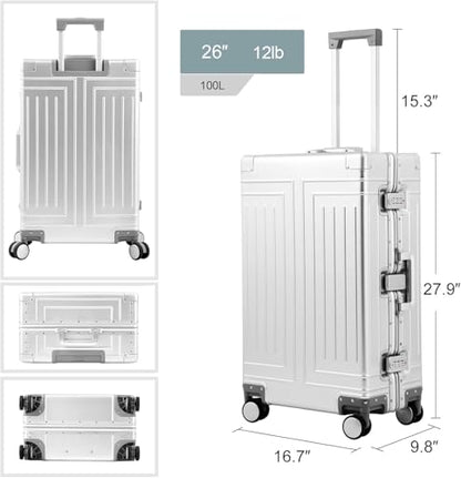 All Aluminum Luggage 20/28 Set，Cut from Whole Aluminum Sheet（3rd Generation，Premium Magnesium Metal zipperless suitcase ） (silvery, 20+28inch) - color: silvery, size: 20 inch + 28 inch