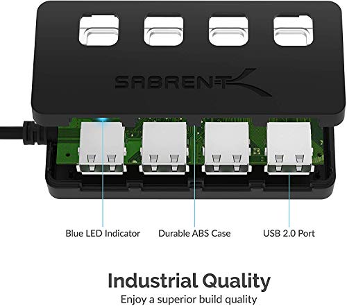 SABRENT 4-Port USB 2.0 Data Hub, LED Power Switches (HB-UMLS) | Individual LED-lit power switches; data only (charging not supported); for Mac & PC - size: USB-A 4-Port