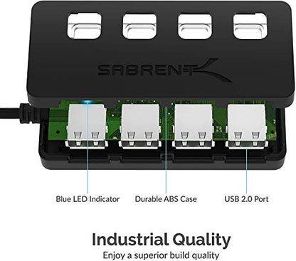 SABRENT 4-Port USB 2.0 Data Hub, LED Power Switches (HB-UMLS) | Individual LED-lit power switches; data only (charging not supported); for Mac & PC - size: USB-A 4-Port