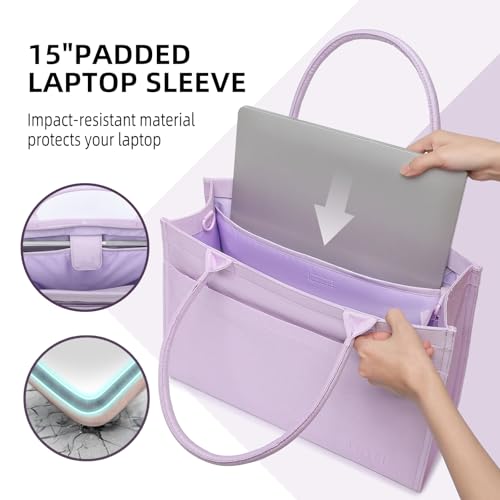 Laptop Tote Bag for Women, Large Canvas Totes with Zipper and Key Fob, Work School Bag Travel Bag Teacher Nurse Purse - color: Lavender