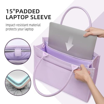 Laptop Tote Bag for Women, Large Canvas Totes with Zipper and Key Fob, Work School Bag Travel Bag Teacher Nurse Purse - color: Lavender