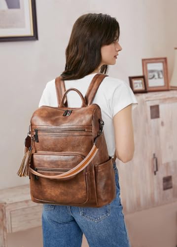 Shrrie 15.6 inch Laptop Backpack for Women,Large Leather Backpack Purse,Travel,Carry on,Water Resistant Casual Laptop Backpacks,College Backpack,Work Backpack for Women,Two-toned Brown - color: Two-toned Brown