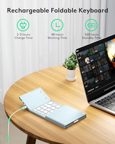Samsers Foldable Bluetooth Keyboard with Touchpad, Ultra Slim Compact, Blue | Multi-touch Trackpad, Full Size, Phone Holder, USB-C Charging, 3 Device, for Android Windows iOS Mac OS, Mobile Productivity - color: Sky Blue, size: 3-Device
