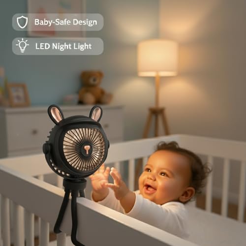Stroller Fan for Baby with LED Light – Portable Clip-On Fan with Flexible Tripod Legs, USB Rechargeable, 3 Speeds, 120 Minutes Battery Life, Quiet Cooling for Travel, Nursery & Car Seat - color: BLACK
