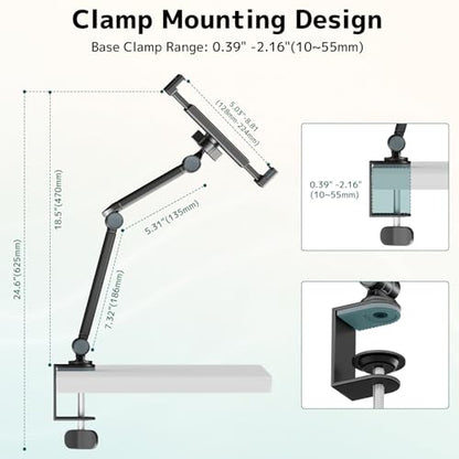 Tablet Stand Holder with 360° Rotation,Adjustable Arm Clamp for 4.7”-12.9" | Supports 2.2 lbs,Portable Phone Tablet Holder for ipad,iPad, iPhone, Kindle, Black,Flexible Angle for Work or Media
