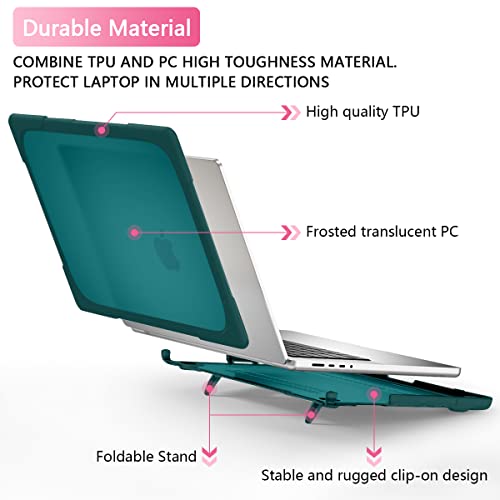 Batianda Heavy Duty Case for MacBook Pro 14 inch 2026-2021, Deep Teal | Fits M5/M4/M3/M2/M1 Pro Max Chip, Ergonomic Foldable Stand Holds 22 lbs, Shockproof Bumper, Matte Translucent Hard Shell - color: Deep Teal