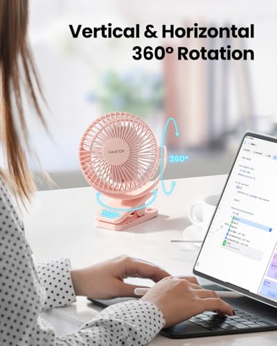 Gaiatop Portable Clip on Fan Battery Operated, Small Powerful 3 Speed Quiet 360° Rotate, USB Rechargeable Mini Personal Cooling Fan for Desk Table Home Office Stroller Camping Women Gifts Pink | Battery Operated, Small 3 Speed Quiet 360° Rotate, Cooling f