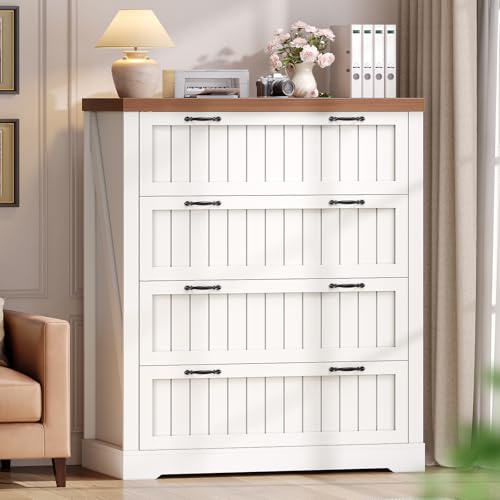 SEDETA Farmhouse 4 Drawer File Cabinet, Filing Cabinet for Home Office, Wood Office File Cabinets for Letter/Legal/A4 Size, File Cabinet Organizer for Study Room & Living Room, White and Brown - color: White + Brown, size: 4 Drawers