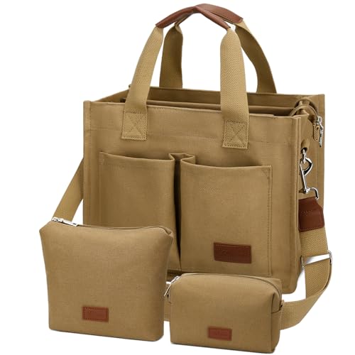 KKXIU Large Canvas Tote Bag for Women with Zipper and Compartments Crossbody Work Bible Messenger Purse Bag With Pockets - color: Brown Set, size: Large