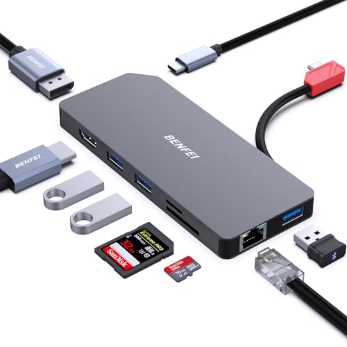 BENFEI 9in1 USB C MST Laptop Docking Station, USB-C Hub with HDMI DisplayPort Dual Monitor/3*USB Type-A/1*USB Type-C(10Gbps+100W PD)/SD/TF Card Reader/1*RJ45