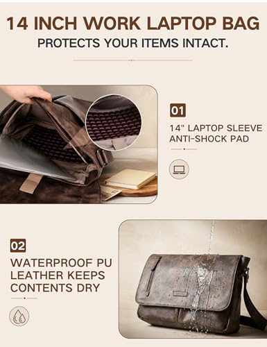 VX VONXURY Messenger Bag for Men, Pu Leather 14 Inch Laptop Briefcase Bag for Work Bussiness and School,Coffee - color: 14inch Coffee