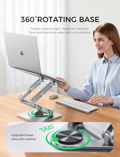 MAGIC JOHN Triple-Fold Laptop Stand for Desk with 360 Rotating Base, Adjustable Laptop Riser, Portable Laptop Holder, Ergonomic Computer Notebook Stand for MacBook, Dell, HP Up to 17.3'' Laptops