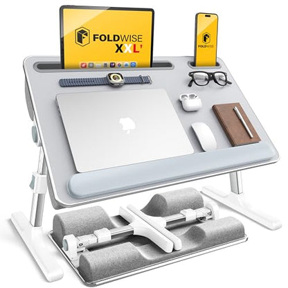 FoldWise 2-in-1 Bed & Lap Desk with Soft Cushion, Adjustable Height & Angle | Wrist Rest, Leather, iPad Holder & Stopper - Foldable Laptop Stand for Bed & Couch, Portable Bed Table Tray for Adults & Kids - color: Gray