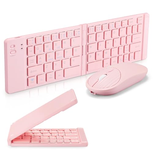 Mini Rechargeable Foldable Bluetooth Keyboard and Mouse Combo, Portable (Sync Up to 3 Devices), Ultra-Slim Travel Folding Keyboard for iPhone iPad Mac Android Windows iOS（Pink） - color: pink