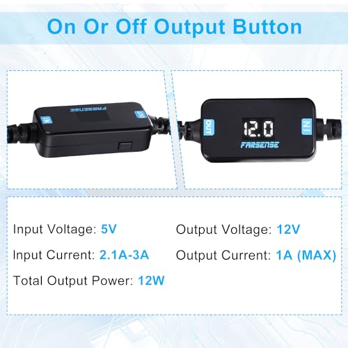 FARSENSE USB DC 5V to 12V Step Up Power Cable(3FT),USB C to DC 12V Adapter with DC Jack 5.5 x 2.5mm(Compatible with 5.5 x 2.1) and 3.5 x 1.35mm, Boost Converter Supports Voltage Display