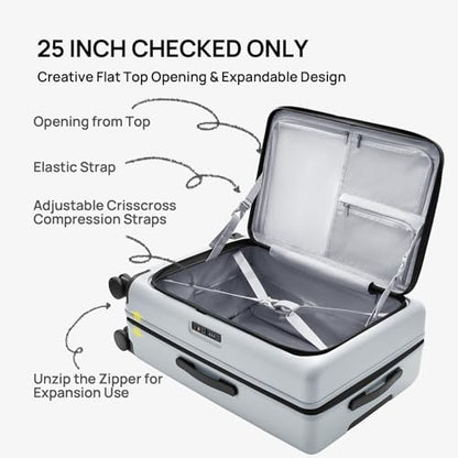 NINETYGO Medium Checked Luggage 25 Inch, Flat Top Opening Check In Luggage with Cup Holder, Expandable, Lightweight PC Hard Shell, TSA Lock, 360° Spinner Wheels (Charcoal Coconut Milk) - color: 06-Charcoal Coconut Milk, size: Checked 25-Inch (Top Opening,
