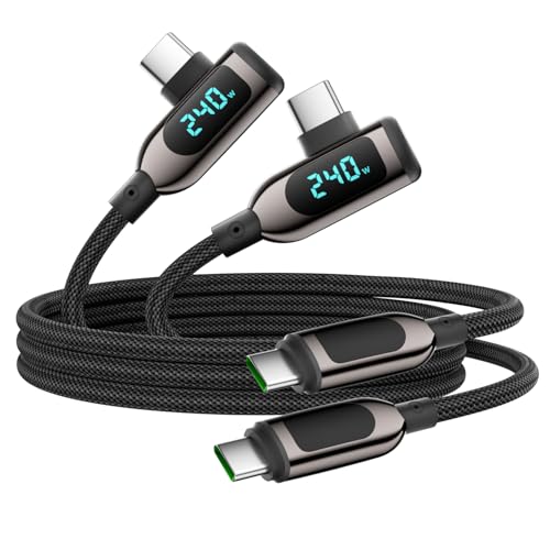 240W Right Angle USB C to USB C Cable [4ft/2Pack],Nylon Braided Type C Fast Charging Cable with LED Display for lPhone 16/15 Pro Max, Galaxy S25/S24 Ultra, MacBook, Laptop,Black - size: 4FT-2Pack