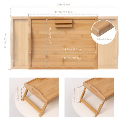 Lavievert Expandable & Height Adjustable Bed Tray Table with 360° Rotating Phone Holder, Bamboo Breakfast Food Serving Tray, Portable Laptop Desk Snack Platter with Handles & Foldable Legs for Bedroom