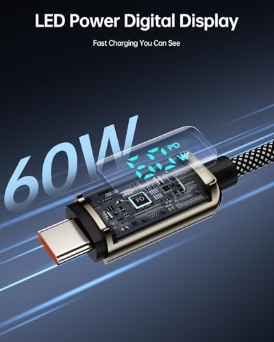 Hichain 6FT USB C to USB C Cable 60W Braided Cable with LED Display | Fast Charge, Silver Zinc Alloy & Nylon Braided Cable for lPhone 17/16/15, lPad Air, MacBook Pro, Galaxy S24/S23, Pixel, LG - color: Silver, size: 6FT