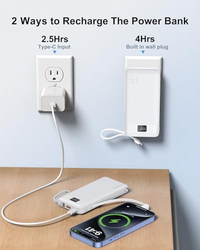 Portable Charger 10000mAh Power Bank w/Built-in 3 Cables & AC Wall Plug | 22.5W Fast Charging, Pass Through Charging, 0.68in Ultra Slim, TSA Approved, Travel Essential for iPhone/Samsung/iPad - color: White