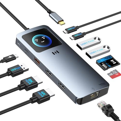 Selore USB C Docking Station Dual HDMI, USB C to Dual HDMI Adapter | 4K@60Hz Dual HDMI, Smart Display, 100W PD, 10Gbps USB 3.1, 2.5G Ethernet, SD/microSD Reader for Dell/HP/Lenovo/ MacBook - color: Space Grey
