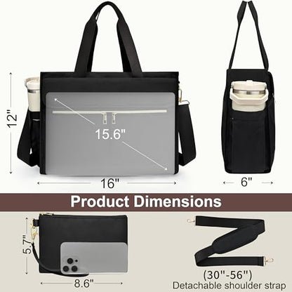 Laptop Bag for Women - 15.6 Inch Tote Work Bag with Compartments Nurse Teacher Bag Large Lightweight Office Handbag - color: Black