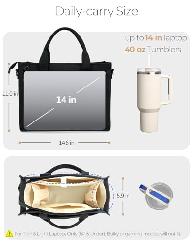 Canvas Tote Bag for Women With Zipper,14" Laptop Tote Bag for Work | Water Bottle Pocket,Padded Laptop Sleeve,Inner Key Leash,Premium Metal Hardware,Structured Canvas - color: Graphite Black