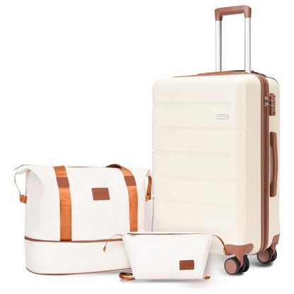 3-Piece Luggage Set with 20” Carry On, ABS Hardside Suitcase with Spinner Wheels & TSA Lock, Easy-Control Rolling Suitcase for Business Trips & Weekend Getaways (20/TB/DB Beige) - color: Beige, size: 3 Piece Set (20/DB/TB)