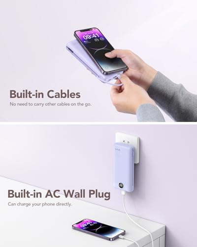 VRURC Portable Charger 20000mAh, Fast Charging Power Bank USB C,4 Output 2 Input Travel Essentials Charging Bank Equipped with LED Display,Built-in Wall Plug and Cables,Phone Charger Battery,Purple - color: Purple