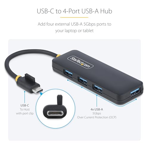 StarTech 4-Port USB-C Hub 5Gbps with 4X USB-A, Mini (H5C4A-USB-HUB) | USB Powered USB 3.0 travel mini splitter, Portable, Wake on USB, Overcurrent Protection, 5in 13cm cable, Cable clip - size: 0.4 ft, style: USB-C