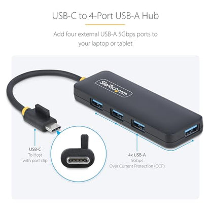 StarTech 4-Port USB-C Hub 5Gbps with 4X USB-A, Mini (H5C4A-USB-HUB) | USB Powered USB 3.0 travel mini splitter, Portable, Wake on USB, Overcurrent Protection, 5in 13cm cable, Cable clip - size: 0.4 ft, style: USB-C