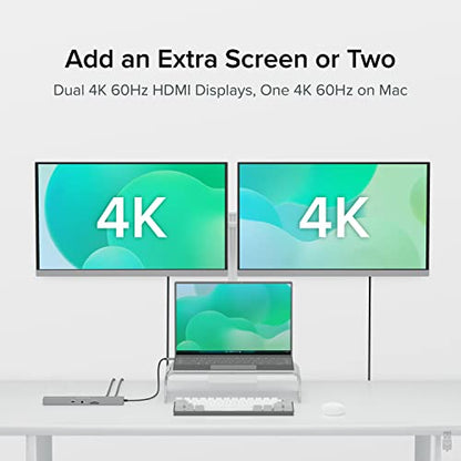 Plugable 11-in-1 USB-C Hub, 100W USB-C Pass-Through, Laptop Docking Station Dual Monitor, 4K 60Hz HDMI, Driverless, Compatible with Thunderbolt, Windows, Chromebooks, Not Recommended for Mac