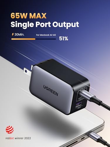 UGREEN Nexode 65W GaN USB C Wall Charger, 3-Port Compact Foldable Fast Charger Power Adapter for iPhone 17/16/15 Series, Galaxy S25/S24, Pixel 10/9, MacBook Pro/Air, Dell XPS, iPad Pro (Black) - color: Black