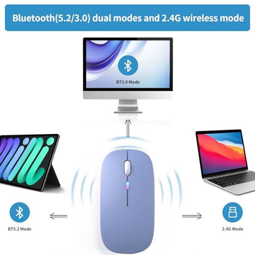 Wireless Bluetooth Mouse, Rechargeable, LED, Silent, Ultra-thin Design (Bluetooth 5.2 and 2.4GHz USB Receiver) | Portable Computer Mouse for Laptops, iPads, MacBooks and Apple Devices (purple) - color: purple