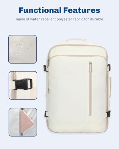 Carry on Backpack 38L Large Travel Backpack for Women Flight Approved Weekender Bag Laptop Backpack Men 15 inches Beige - color: Beige
