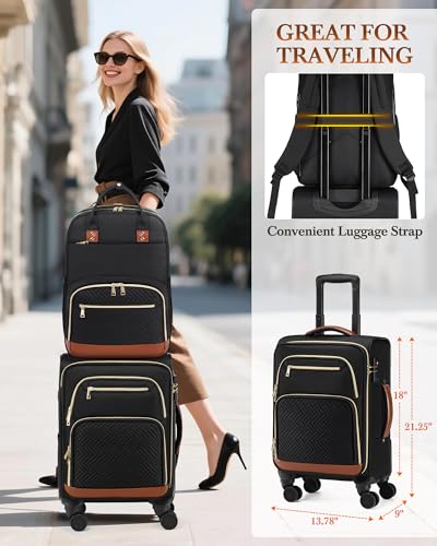 RAINSMORE Carry On Luggage with wheels, Softside Suitcases Set 3 Piece | 22x14x9 Airline Approved, Luggage Sets with Backpack & Toiletry Bag, Rolling Suitcase with TSA Lock, for Travel Weekender - color: Black-Brown