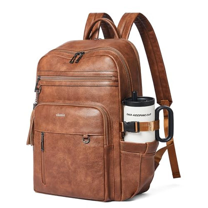 Shrrie Vegan Leather Laptop Backpack for Women,17 Inch Computer Backpack Purse for Work Business College Travel Teacher Nurse with Anti-theft Pocket & Giant Tumbler Holder Pocket,Caramel Brown - color: Caramel Brown