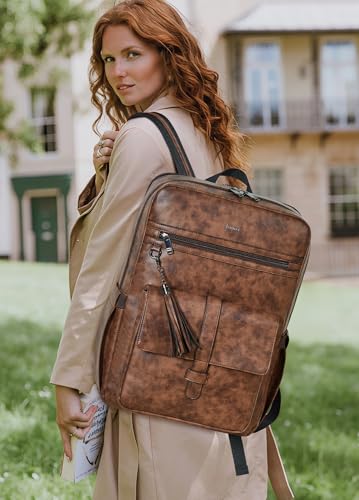 16 inch Vegan Leather Laptop Backpack with USB Charger | Smart Computer Backpack For Men and Women,Back Pocket Convert Luggage Sleeve,20L Large Capacity,Business Work Office College - color: Two-toned Brown