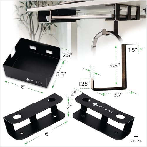 VI+AL Under Desk Laptop Mount - Hidden Metal Shelf with Side Storage, Hook & Cable Organizer - Installs with Tape & Screws - Fits Devices up to 1.7" Thick - Deluxe - style: Deluxe