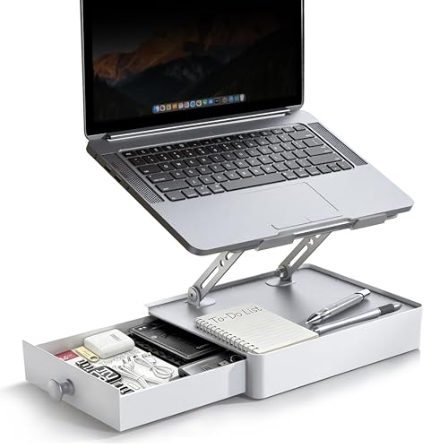 Laptop Stand with Storage Drawer, Adjustable Ergonomic Laptop Riser for Desk, Heavy-Duty Metal Stand for 10–16” Laptops, Space-Saving Desk Organizer for Remote Work & Home Office, Silver - color: Silver